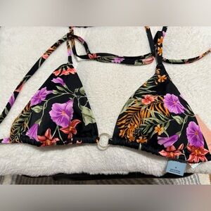 Floral Black Bikini Top with Ring Detail